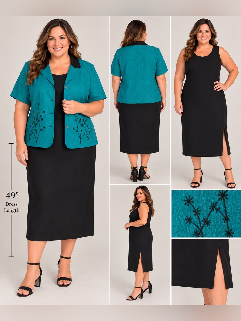 Vintage Kari’s Korner 2pc Set Teal Embroidered Jacket & Black Sheath Dress 22W